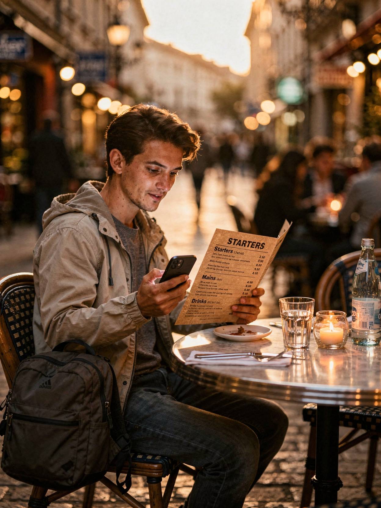 Traveler scanning a paper menu at a candlelit street-side cafe at golden hour