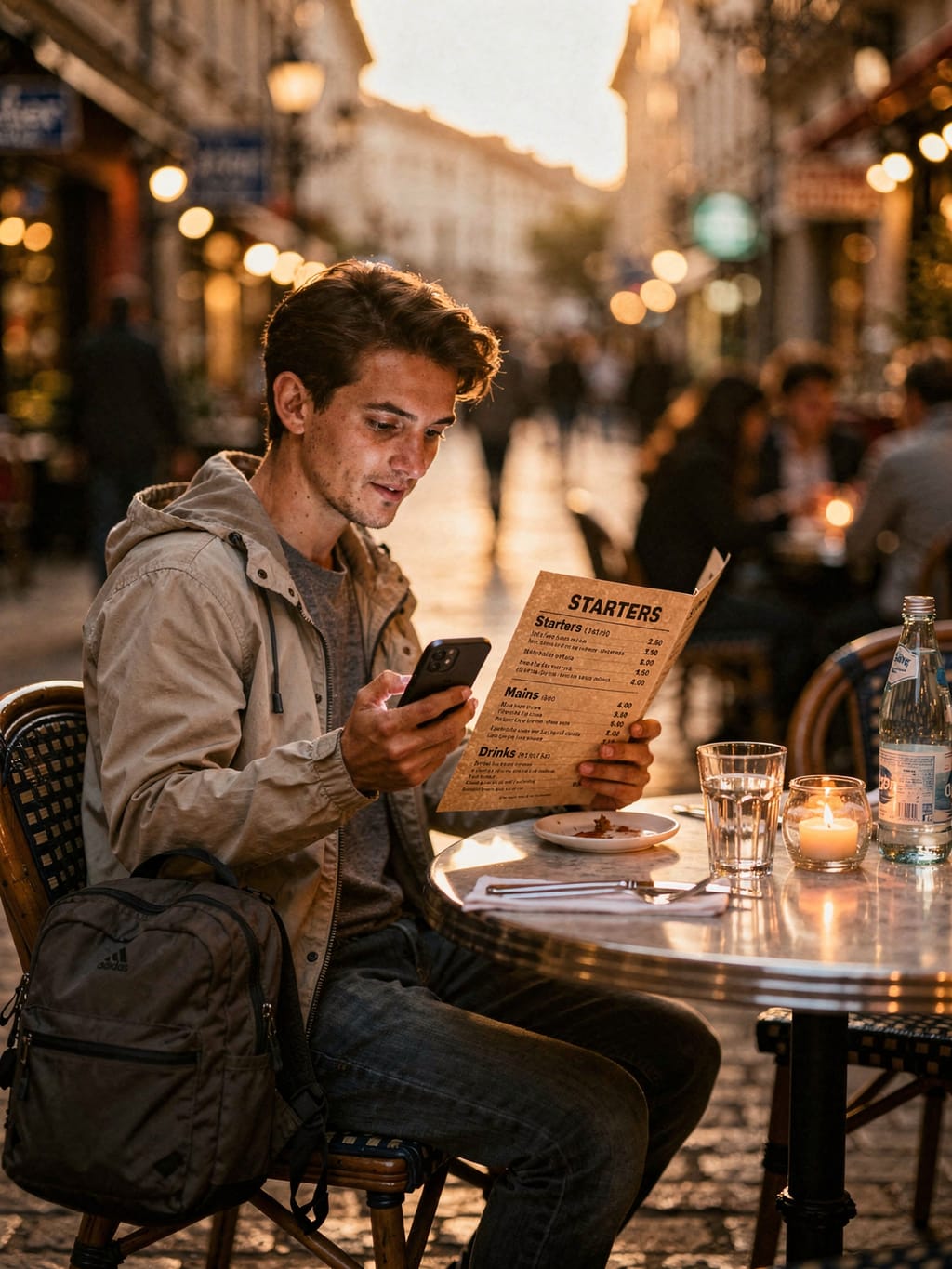 Traveler scanning a paper menu at a candlelit street-side cafe at golden hour